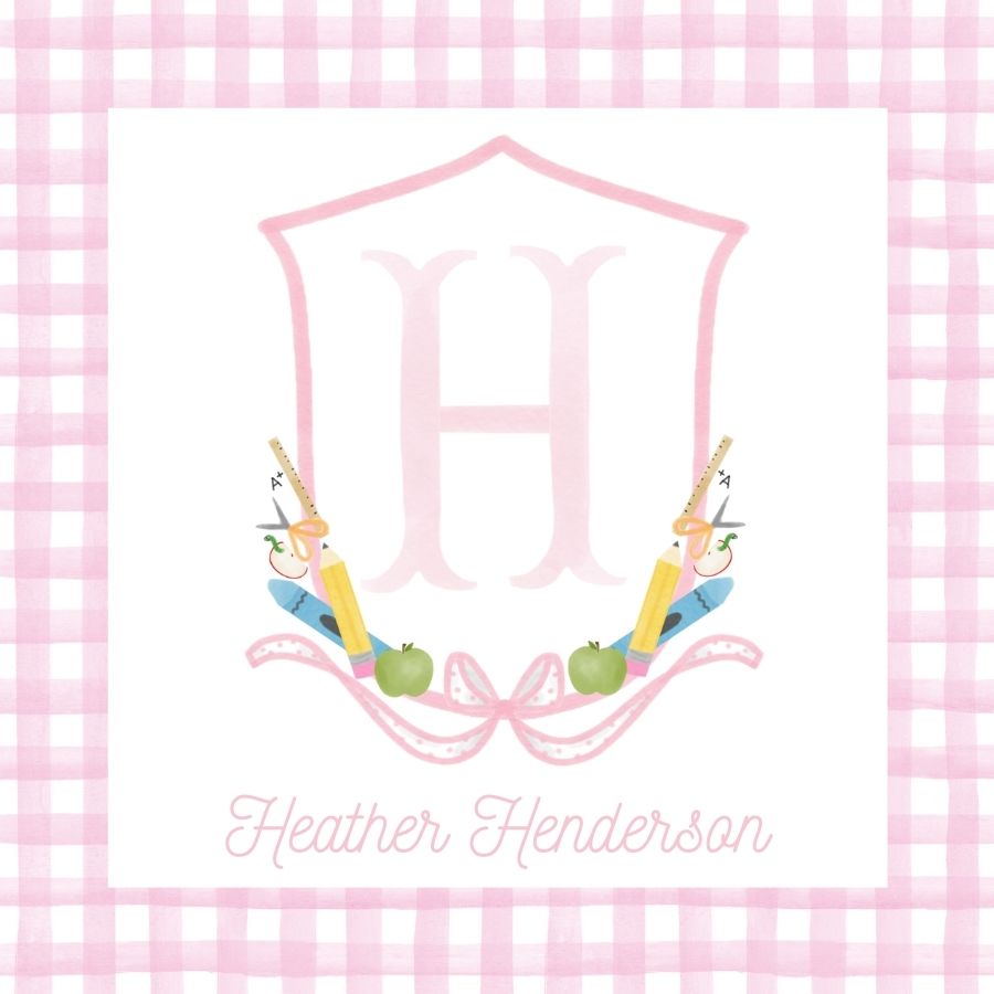 Back to School Crest Bag Tag, Pink Gingham