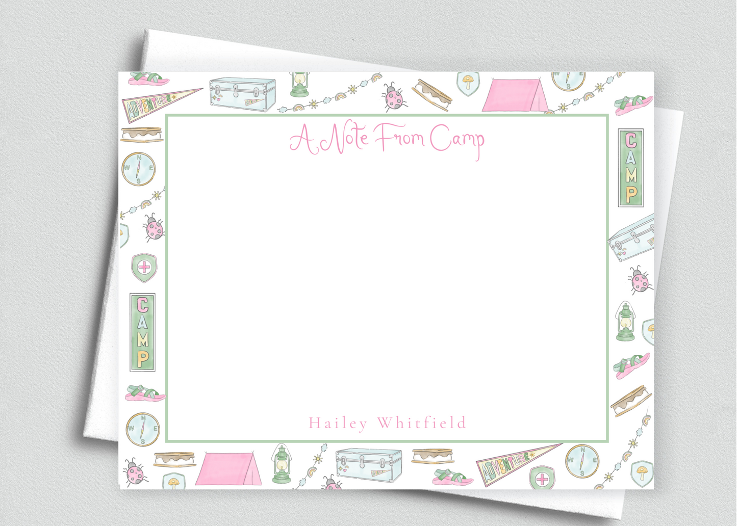 Girls Personalized Camp Stationery, White Flat Card