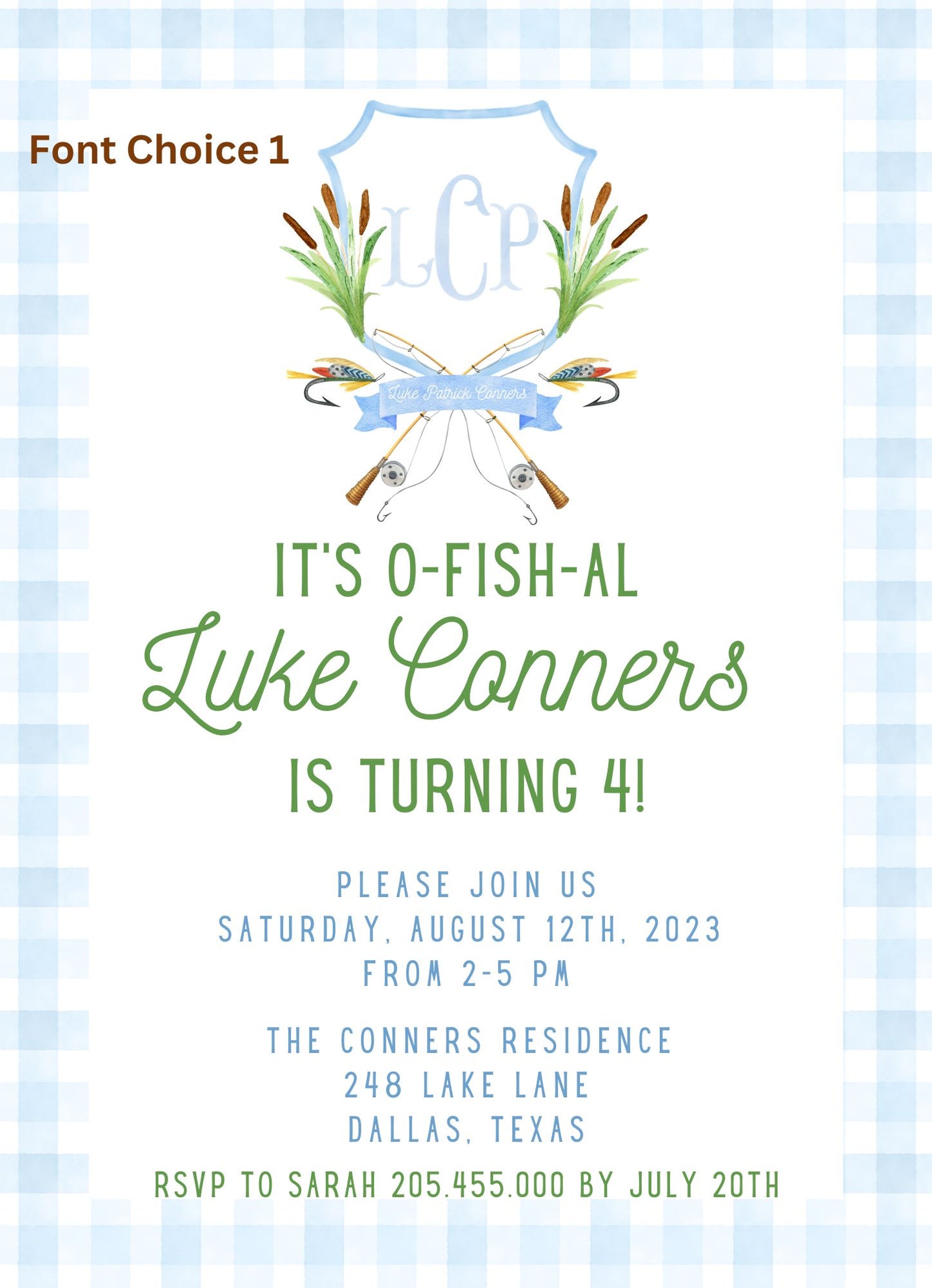 Gone Fishing Semi Custom Crest Birthday Invitation