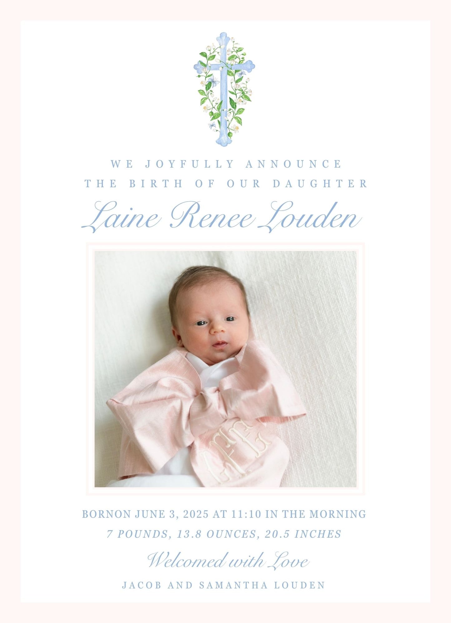 Simple Cross Birth Announcement, Pink