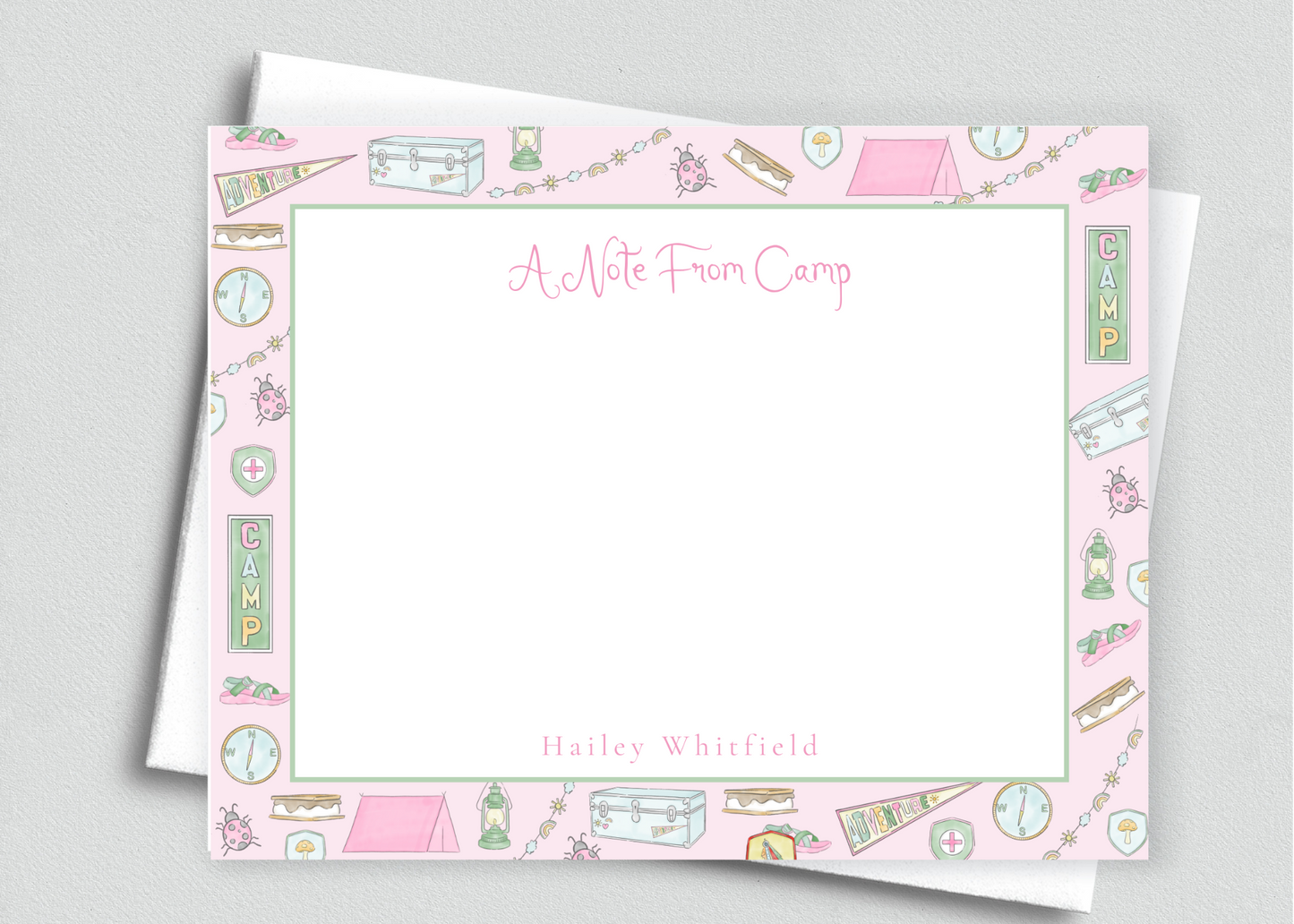 Girls Personalized Camp Stationery, Pink Flat Card