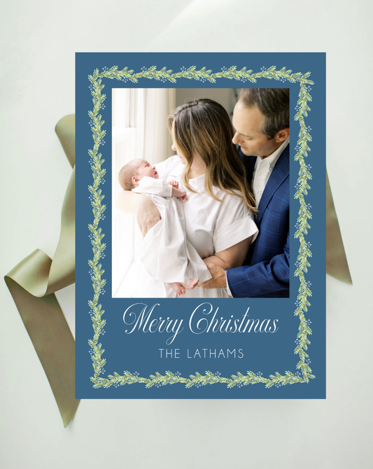 Garland Border Holiday Card, Blue