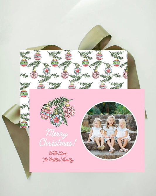 Deck the Halls Ornaments Holiday Card, SCALLOPED BORDER PINK